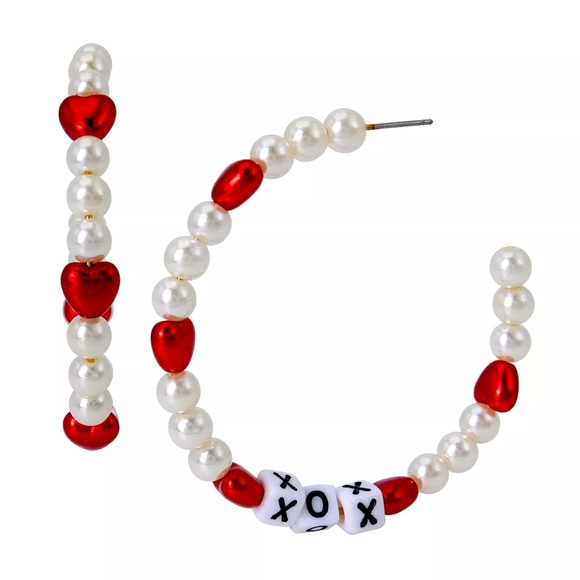 New Betsey Johnson Heart Imitation Pearl Hoop Earrings - Picture 1 of 7